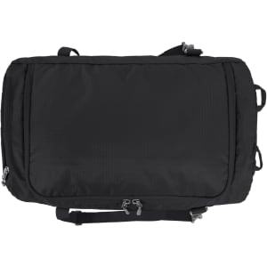 A black outdoor sports duffle bag with multiple zippers and straps, featuring a logo.
