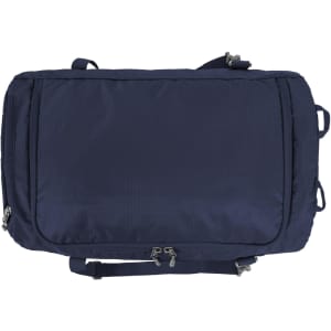 A navy outdoor sports bag with zippers and adjustable straps, featuring a logo on the side.