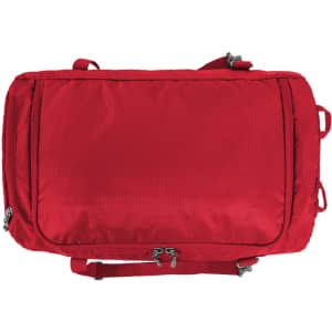 A red outdoor sports bag with multiple compartments and a shoulder strap. It features a logo.