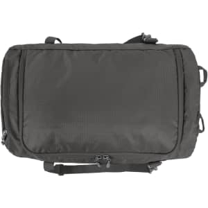 A dark grey outdoor sports bag with a sleek design, featuring multiple compartments and a brand logo.