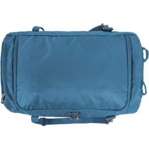 A blue outdoor sports bag with multiple compartments and a logo, designed as a duffle bag.