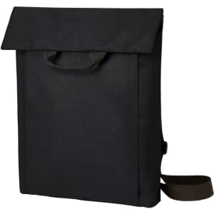 A black backpack with a fold-over flap, a handle on top, and a shoulder strap. It features a logo.