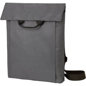 A grey backpack with a fold-over flap and a shoulder strap, featuring a handle on top and a logo.