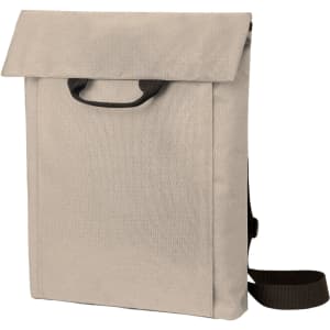 A brown and beige backpack with a flap closure and a handle, featuring an adjustable shoulder strap.