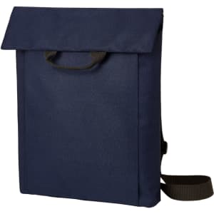 A navy blue backpack with a flap closure, a handle on top, and a shoulder strap. It features a logo.