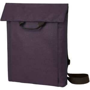A purple backpack with a fold-over flap, featuring a handle and an adjustable strap, along with a logo.