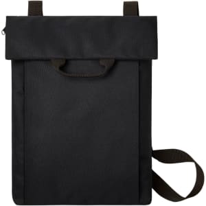 A black backpack with a roll-top design, featuring a handle and an adjustable shoulder strap. It has a logo.