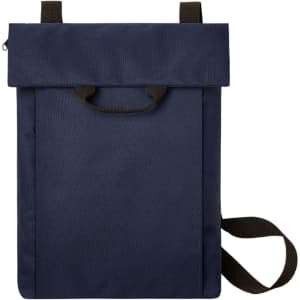 A navy blue backpack with a roll-top design, featuring a handle and adjustable shoulder strap. It has a logo.