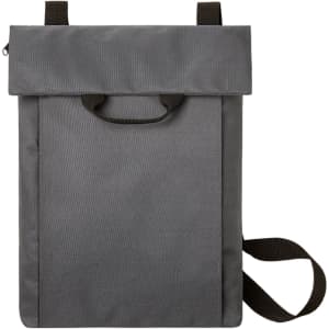A grey backpack with a roll-top closure, featuring a handle and an adjustable strap. It has a logo on the front.