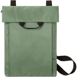 A green backpack with a roll-top design, featuring a handle and a shoulder strap. It has a logo.
