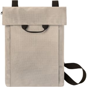 A light grey backpack with a roll-top closure and a black strap, featuring a front handle and a logo.