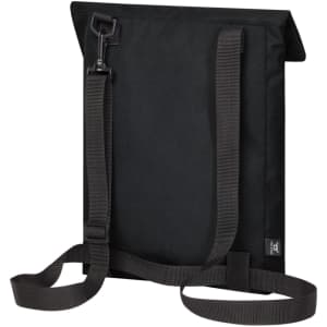 A black backpack with adjustable straps and a clip closure, featuring a minimalist design. It includes a logo.