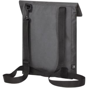 A grey backpack with adjustable black straps and a clasp. Features a simple design and includes a logo.