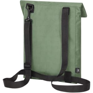 A green backpack featuring adjustable straps and a buckle closure, with a logo visible on the front.