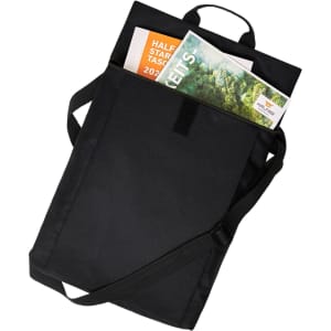 A black multi-purpose bag with an adjustable strap, featuring documents inside and a top handle.