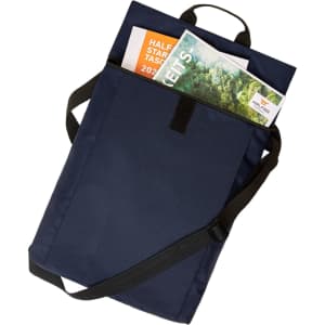 A navy blue backpack with a shoulder strap, featuring a top handle and documents inside. It has a logo on the front.