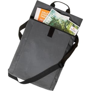 A grey multi bag featuring a handle, an adjustable strap, and documents peeking out from the top. It has a logo.