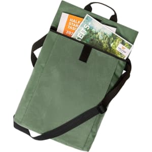 A green multi bag featuring a shoulder strap, with documents visible in the front pocket. Includes branding.