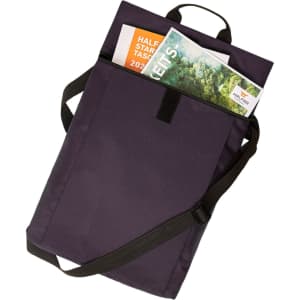 A purple multi bag with a shoulder strap, containing brochures and papers inside. It has a logo.