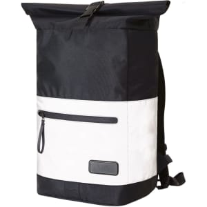 A black and white laptop backpack with a roll-top closure, front zip pocket, and adjustable straps. Features a logo.