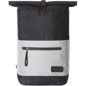 A black and grey laptop backpack with a roll-top closure and front zip pocket, featuring a logo.