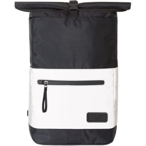 A black and white laptop backpack featuring a roll-top closure and a front zip pocket. It has a branding logo.