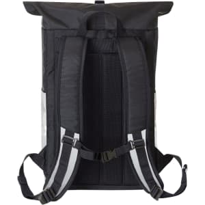 A black laptop backpack with adjustable straps and a mesh back panel, featuring reflective accents and a logo.