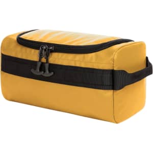 A yellow toiletry bag with a black zip and strap, featuring a sleek design and a logo.