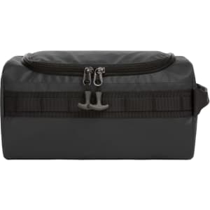 A grey toiletry bag featuring a zip closure and a loop handle, designed for storing personal items.