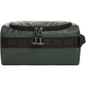 A green wash bag with a zippered closure and black strap detailing, featuring a logo on the front.
