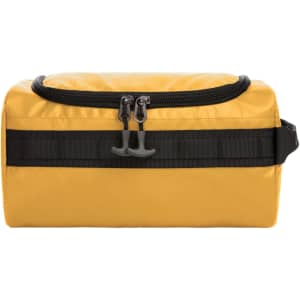 A yellow toiletry bag with a black strap and zipper, featuring a small logo on the front.