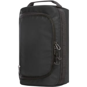 A black toiletry bag with a zippered compartment, featuring a handle and a simple design. It includes a logo.