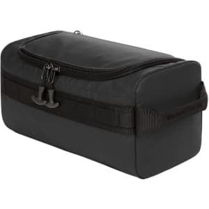 A black toiletry bag with a zippered top, featuring a sturdy handle and side straps.