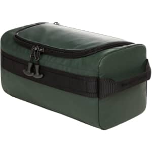 A green wash bag featuring a zip closure and a handle, made from durable material, with a logo.