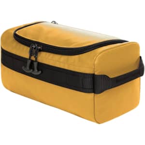 A yellow toiletry bag with a black zipper and strap, featuring a logo, designed for travel.
