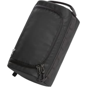 A black toiletry bag featuring a zippered compartment and a handle, with a branding logo on the side.