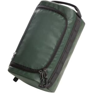 A green wash bag with zippered compartments and a sturdy handle, featuring a branded logo.