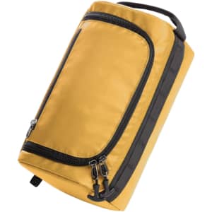 A yellow toiletry bag with a grey zipper and handle, featuring a front pocket and a logo.