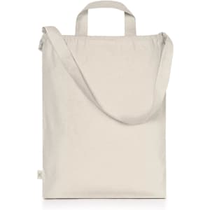 A light cream organic drawstring tote bag with two handles and a shoulder strap. Minimal branding is present.