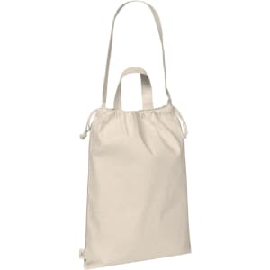 A beige organic drawstring tote bag with a single shoulder strap and drawstring closure, featuring a small logo.