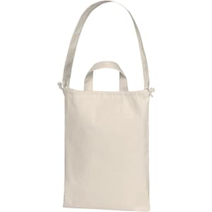 A cream-coloured organic drawstring tote bag with long and short handles and a simple design.