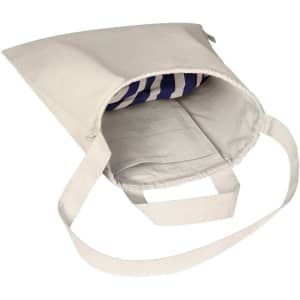 A natural-coloured organic drawstring tote bag with an interior striped lining and a single strap.