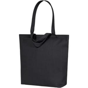 A black tote bag with long handles and a simple design. It features a logo on one side.