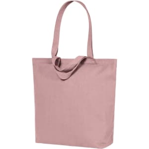 A pink tote bag with two handles and a simple design. It features a branding logo.