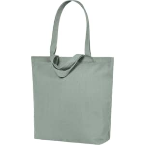 A green tote bag with long handles and a simple design. It features a logo on its surface.
