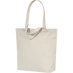 A light beige tote bag with long handles and a simple design. It features a logo on one side.