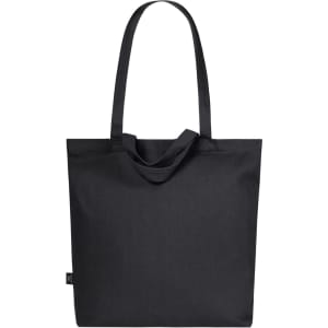 A black tote bag with long straps and a simple design. It features a logo on one side.