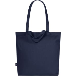 A navy blue tote bag with long handles and a simple design. It has a logo on it.
