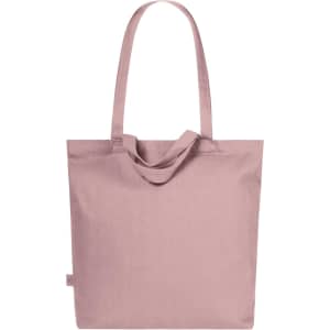 A pink tote bag with long handles and a logo, made from organic materials.