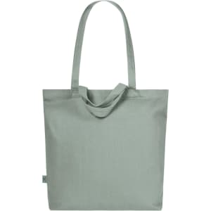 A light green tote bag with long handles and a simple design, featuring a small logo.
